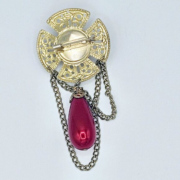 Victorian Revival Brooch Red Faux Draping Dangle Swag Chain Estate Jewelry Pin - Picture 7 of 9